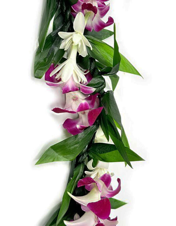 Maile-Style Ti Leaf & Orchid-Tuberose Twist Lei - Image 2