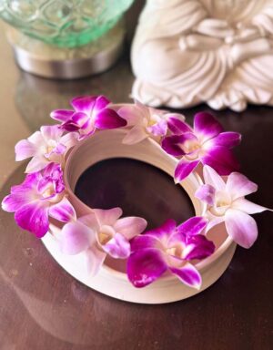 Hawaiian Lei Vase: Ceramic lei shaped trough-like vase, comes with fresh orchids